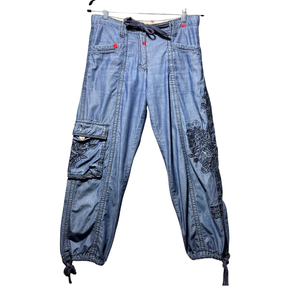 Y2K Blue Willis Womens Embroidered Floral Cargo Pants Blue Chambray US 8 EU38
